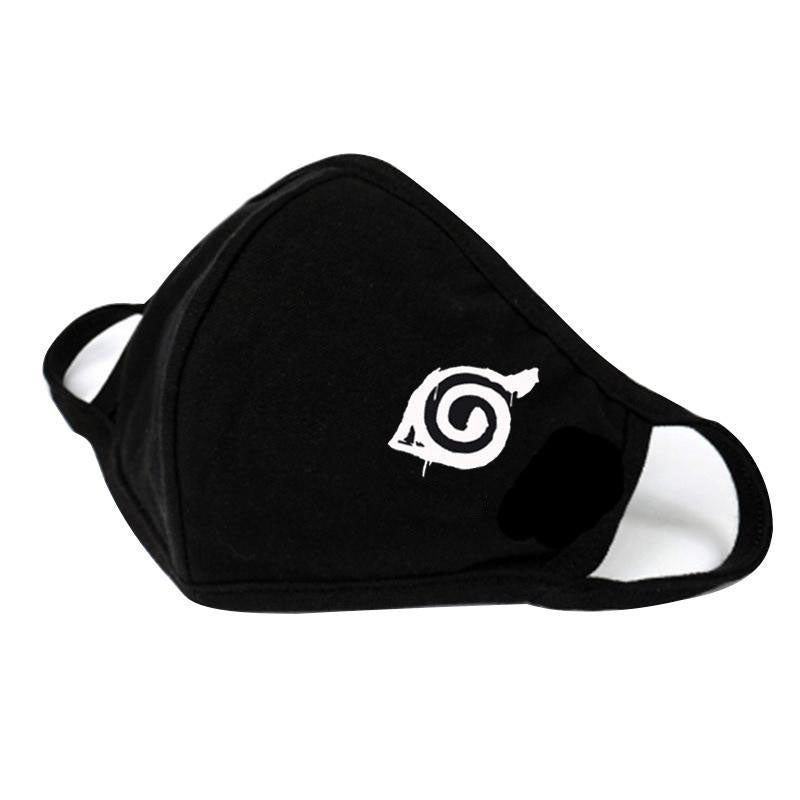 Black face mask with a white symbol on a white background
