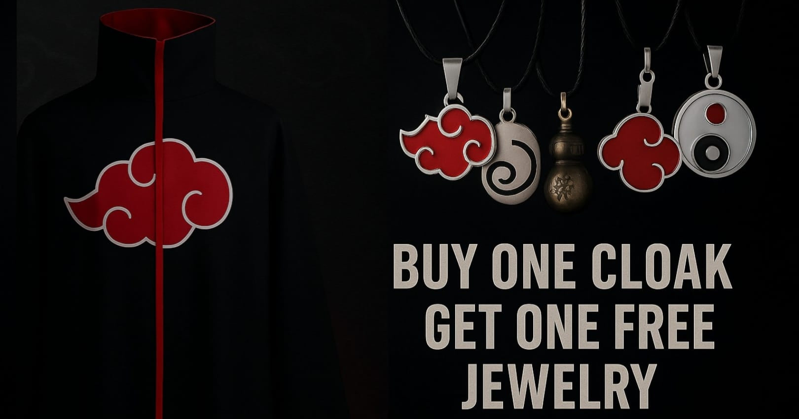 Cloak with red cloud design and jewelry offer on a black background
