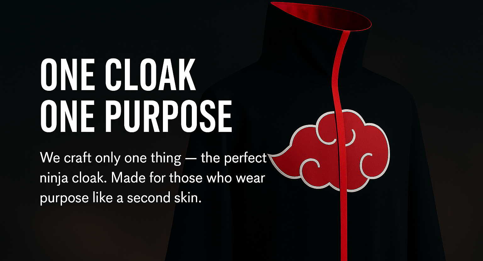 Black cloak with red cloud design and promotional text on a black background