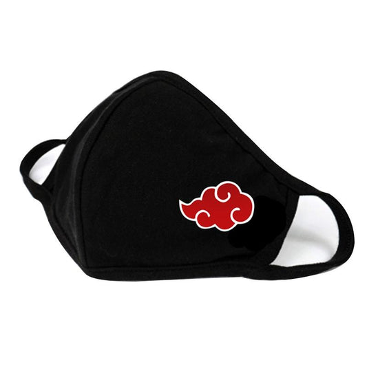 Black face mask with a red cloud symbol on a white background