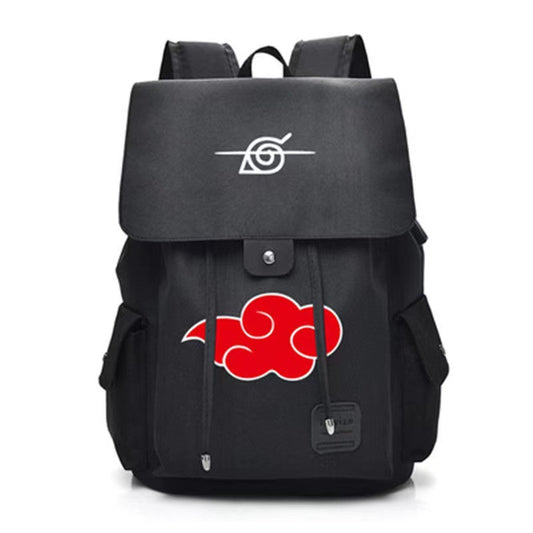 Black backpack with red and white cloud symbol on a white background