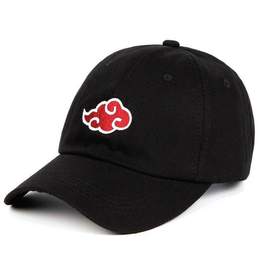 Black cap with a red cloud symbol on a white background