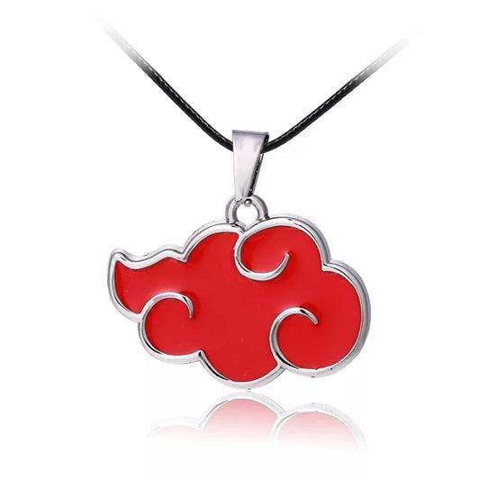 Red cloud-shaped pendant on a black cord against a white background