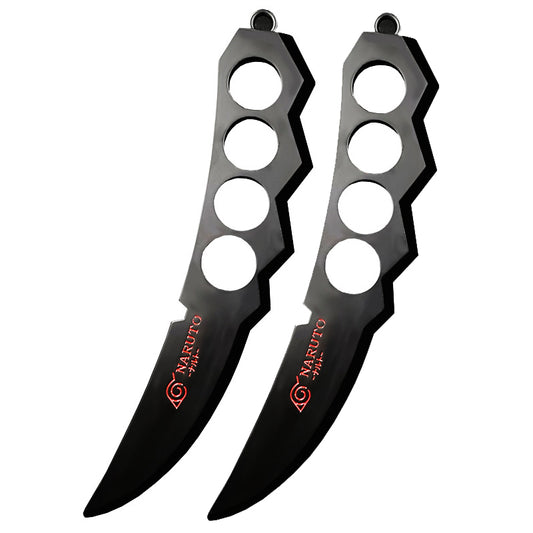 Two black kunai knives on a white background