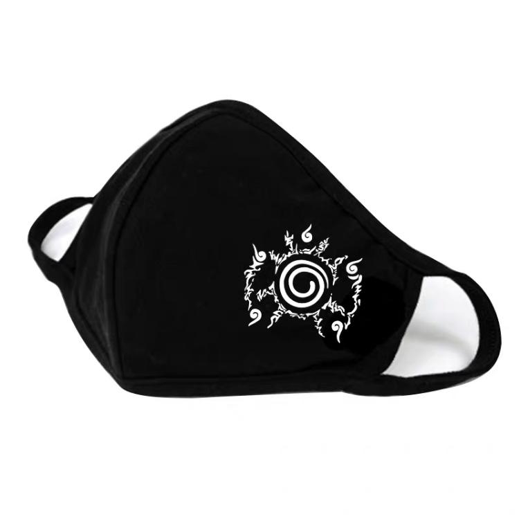 Black face mask with a white symbol on a white background