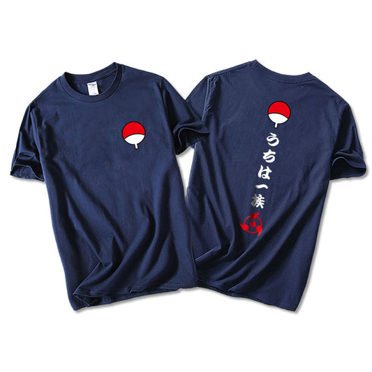 Navy blue t-shirt with red and white graphic on a white background