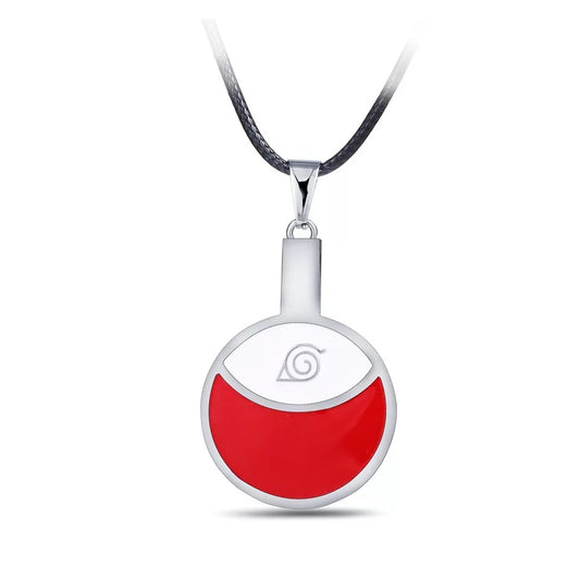 Pendant necklace with red and white design on a white background