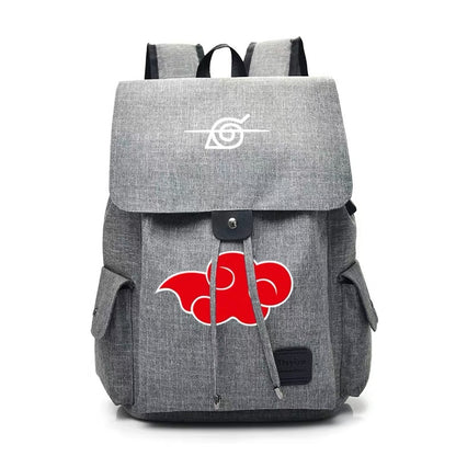 Gray backpack with red and white cloud symbol on a white background