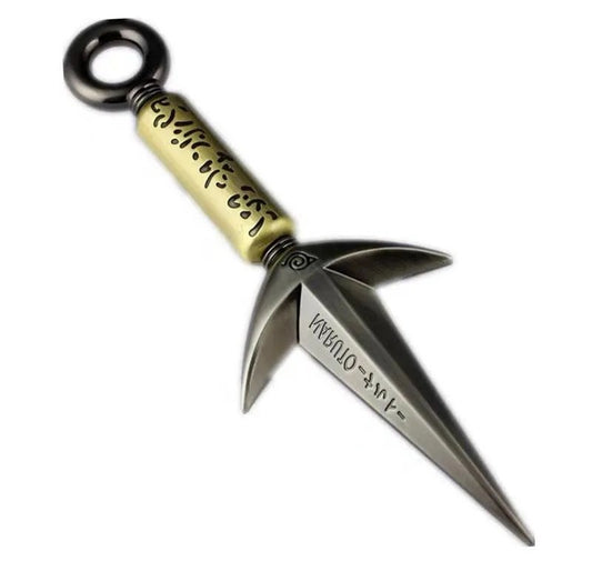 Decorative knife with gold handle and engraved text on a white background