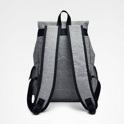 Gray backpack with black straps on a white background