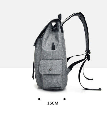 Gray backpack with a measurement label on a white background