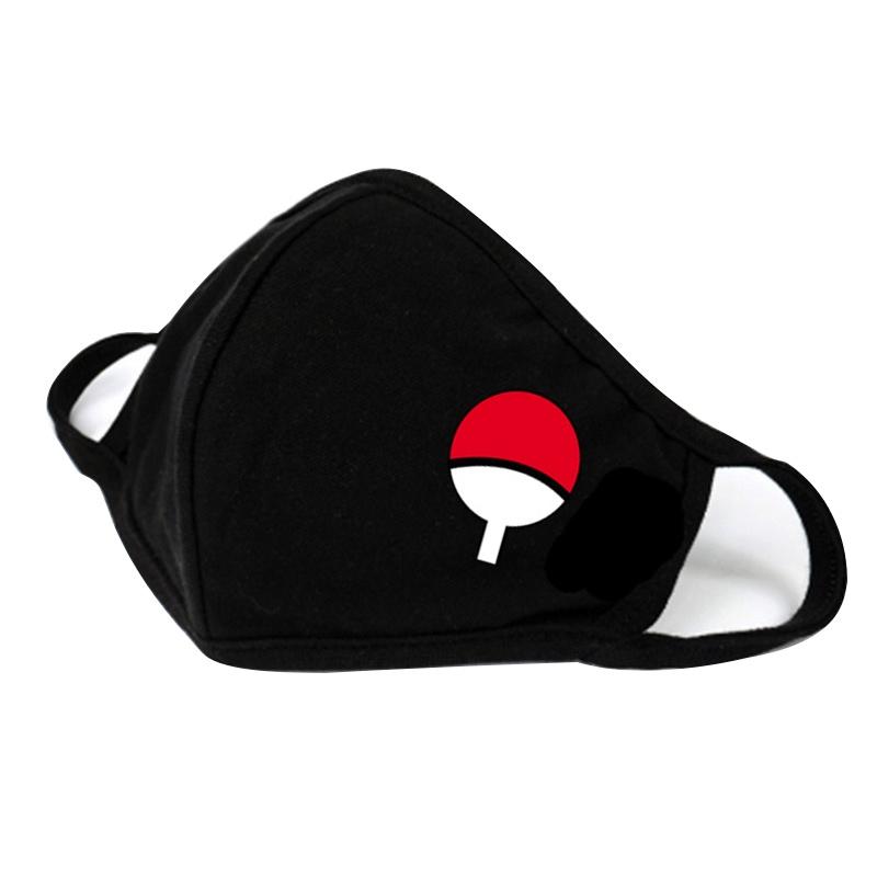 Black face mask with a red and white symbol on a white background