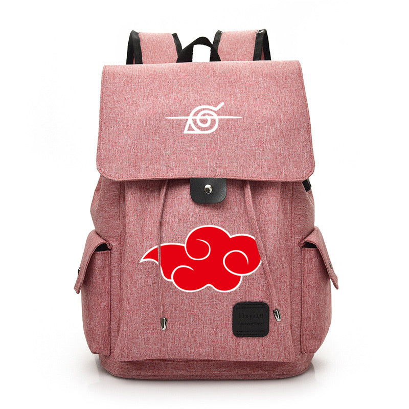 Pink backpack with a red cloud design and white symbol on a white background