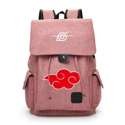 Pink backpack with a red cloud design and white symbol on a white background