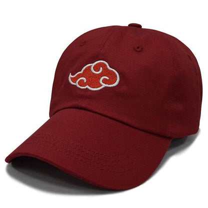 Red cap with a white cloud logo on a white background