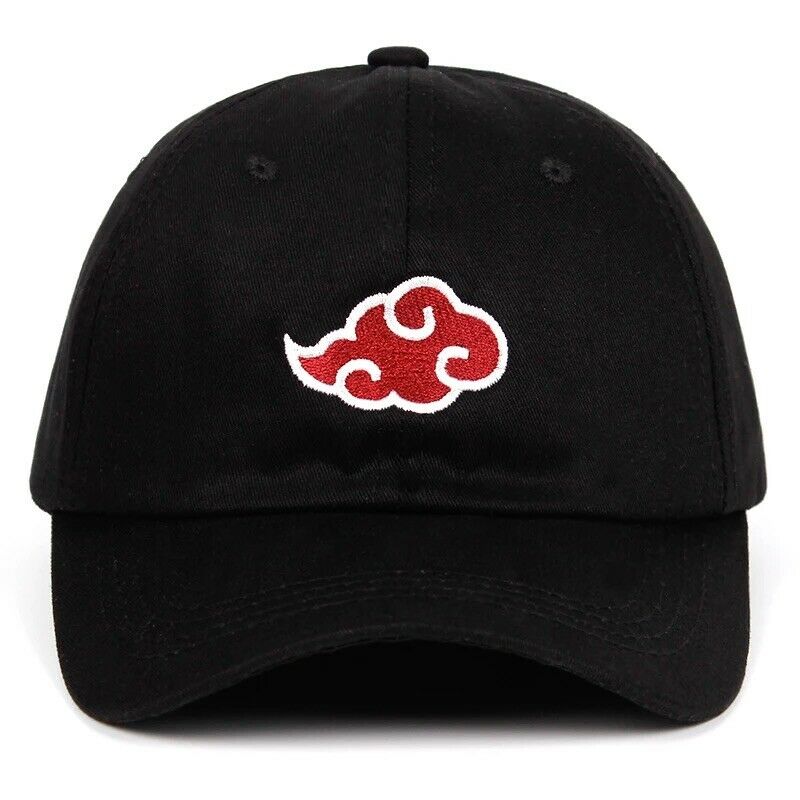 Black cap with a red cloud symbol on a white background
