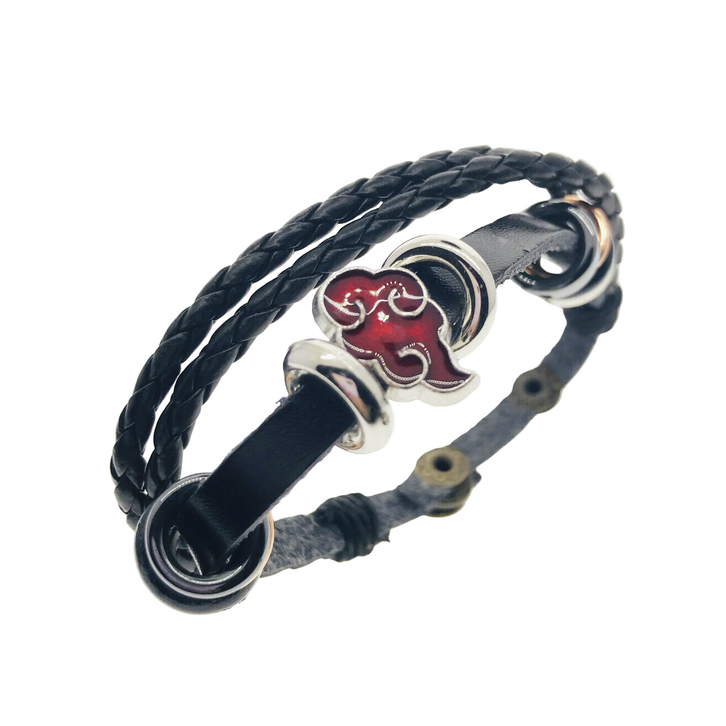 Bracelet with black and gray braided straps and a red and silver clasp on a white background