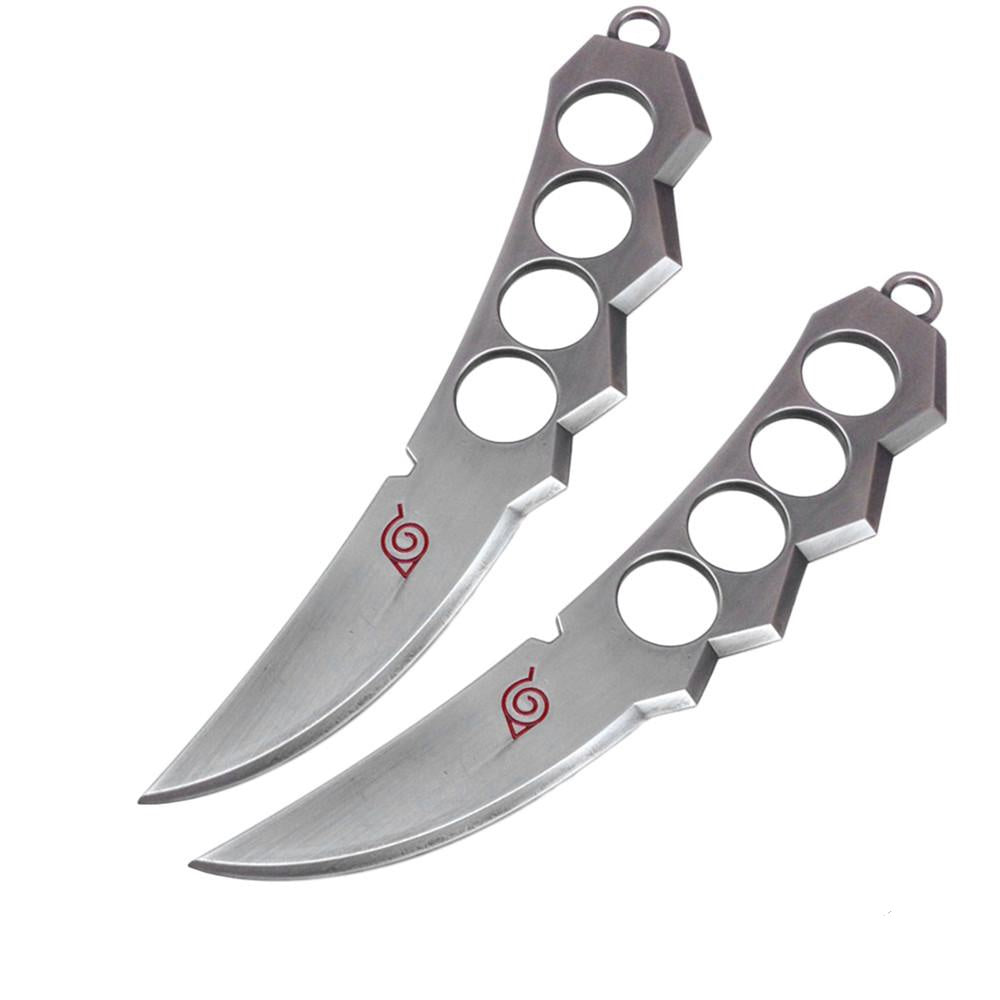 Two silver throwing knives with a red symbol on a white background