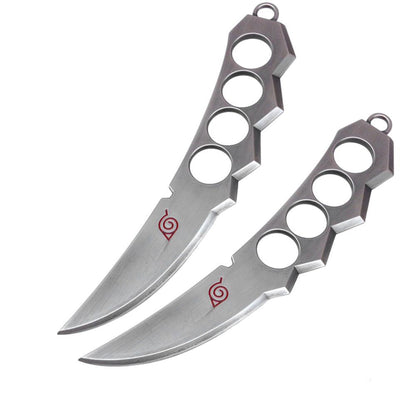 Two silver throwing knives with a red symbol on a white background