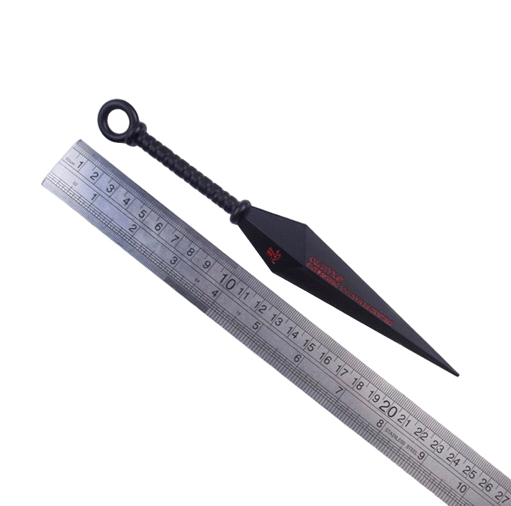 Black kunai with red text on a white background, next to a ruler for scale.